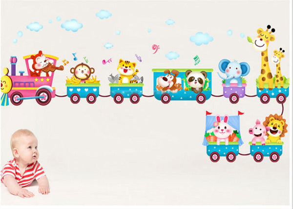 Childrens Jungle Animal Train - Childrens Printed cartoon Wall Art Vinyl Stickers for baby kids room