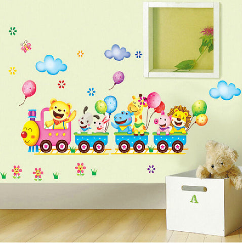 Childrens Jungle Animal Train - Childrens Printed cartoon Wall Art Vinyl Stickers for baby kids room